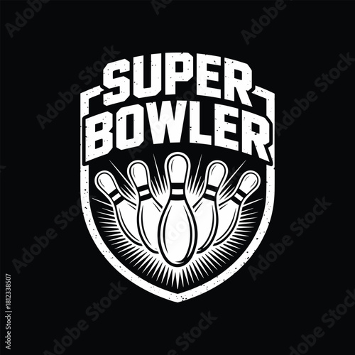 Super Bowler Shield Logo  Vintage Distressed Monochrome Graphic with Bowling Pins and Strike Effect