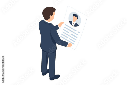 Professional man in a suit holding and examining a job application resume