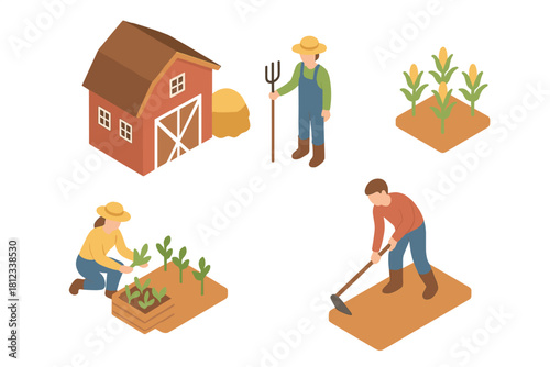 Detailed isometric view of agricultural life featuring farmers working, red barn, and various crops