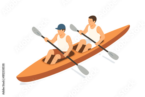 Two young men paddling a tandem kayak together during a summer outdoor water sports activity