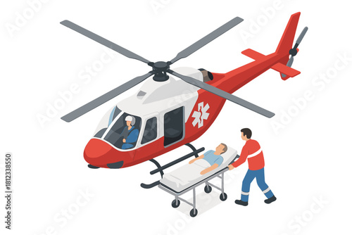 Isometric view of an EMS helicopter and a paramedic moving a patient on a stretcher