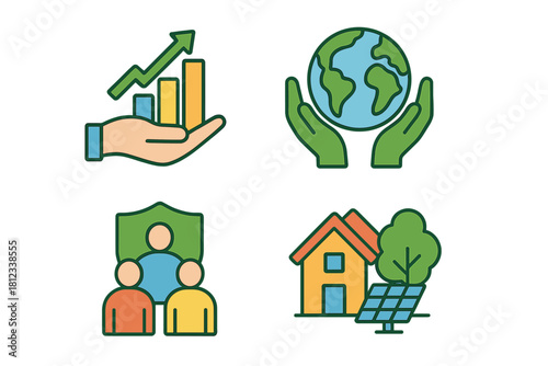 Business and environmental symbols for financial growth, global ecology, community security, and solar energy