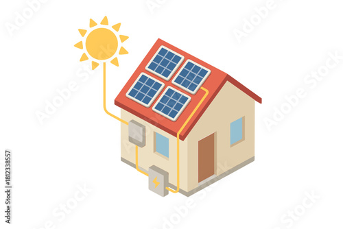 Residential building with solar panels on the roof converting sunlight into clean electricity