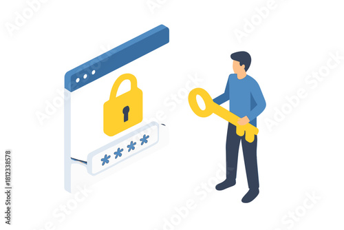 Man holding a giant key next to a secure login interface for online password recovery