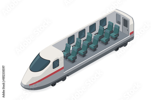 Isometric cutaway view of a high-speed passenger train carriage interior with empty seats