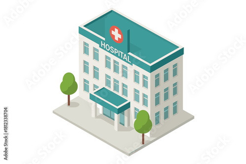 Modern healthcare facility building exterior in isometric perspective with green roof