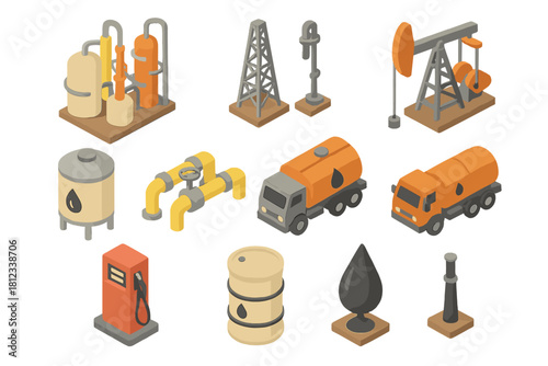 Isometric oil and gas industry elements: refinery plant, drilling equipment, storage tanks, delivery trucks