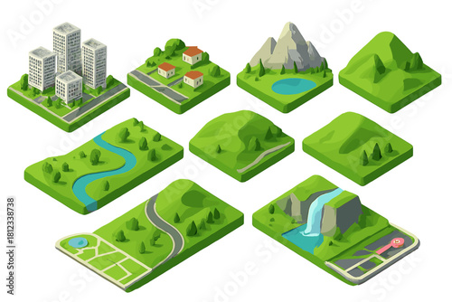 Isometric map tiles set featuring urban suburban and natural landscape elements for game design