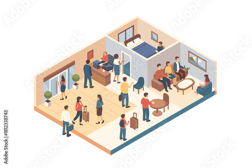 Isometric hotel lobby interior showing guests checking in at reception and relaxing in lounge