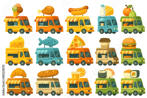 Colorful collection of food trucks selling diverse street food meals and beverages