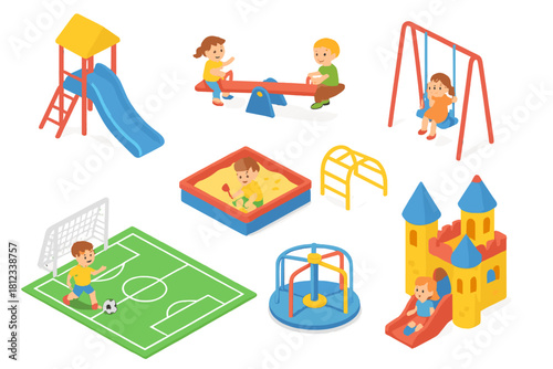 Happy children playing on various colorful isometric playground equipment structures