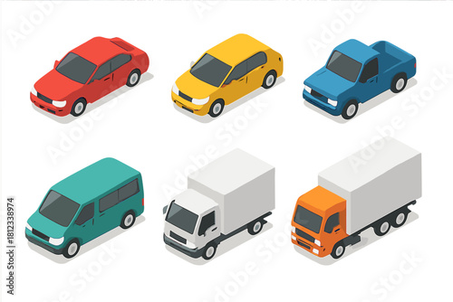 Isometric set of road vehicles including passenger cars, delivery vans, and cargo trucks