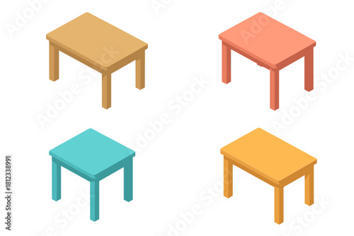 Four isometric wooden tables featuring various colors and textures for furniture design