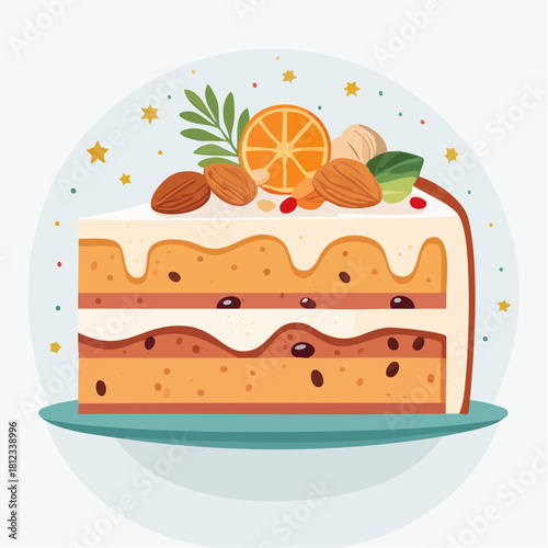 Deliciously layered cake slice adorned with almonds, vibrant orange segments, and luscious cream frosting, creating a perfect treat for festive celebrations or a delightful everyday dessert