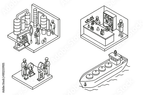 Petroleum industry stages showing crude oil extraction, refinery processing, quality control, and maritime transport