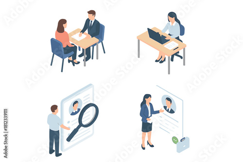 Human resources recruitment process with job interview and resume review activities