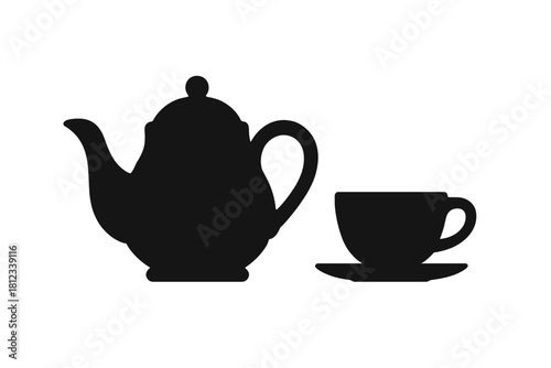 Minimalist black silhouette of a ceramic teapot and a coffee or tea cup on a saucer