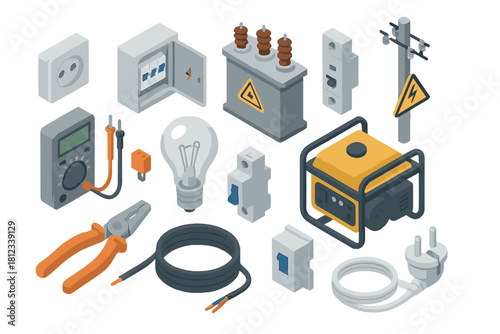 Isometric set of electrical tools and equipment for power generation and distribution