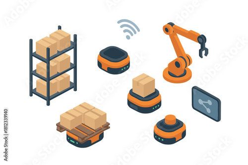 Isometric warehouse automation set featuring robotic arm, autonomous mobile robots, storage shelving, and shipping boxes