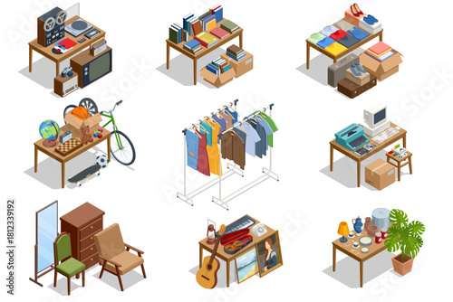 Isometric illustration of various second-hand goods displayed on tables, including electronics, books, clothes, toys, sports gear and furniture for a garage sale scene.
