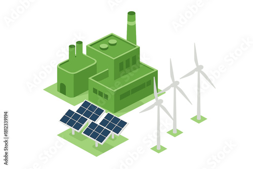 Isometric green factory building powered by wind turbines and solar panels
