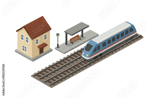 Modern passenger train traveling on railroad tracks near a small house and station platform in isometric view