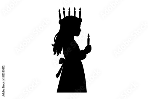 Profile silhouette of a girl wearing a candle wreath crown and holding a single lit candle for holiday celebration