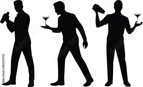 Bartender Silhouettes Vector Set, Featuring Mixologists Shaking and Serving Martinis, Illustrating Cocktail Preparation, Bar Service, and Nightlife Entertainment Graphics.