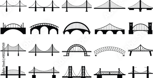 Bridge Silhouettes Vector Icon Set of Various Structural Types, Including Arch, Suspension, and Truss Designs for Transportation, Infrastructure, and Engineering Graphics.