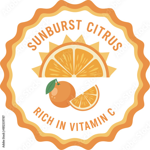 Sunburst citrus fruit label with vitamin C rich indication Vector Illustration 