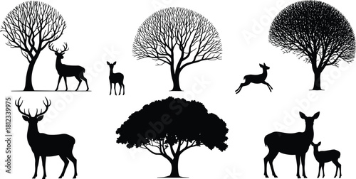 Deer and Tree Silhouettes Vector Set, Featuring Stags, Fawns, and Various Woodland Trees, Illustrating Forest Wildlife, Nature, and Outdoor Environment Graphics.