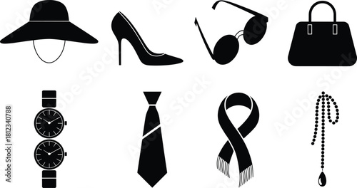 Fashion Accessories Black Silhouettes Vector Set, Featuring Hat, High Heels, Sunglasses, Handbag, Watch, Tie, Scarf, and Necklace Icons for Retail and Style Graphics.