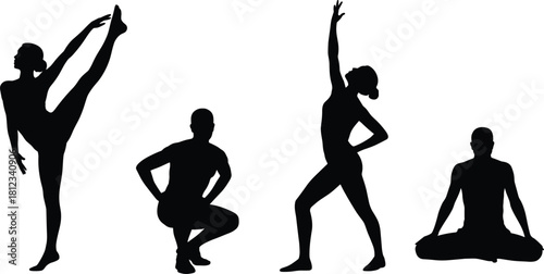 Fitness, Dance, and Yoga Pose Silhouettes Vector Set, Featuring People in Stretching, Ballet, Squat, and Meditation Positions for Health and Wellness Graphics.