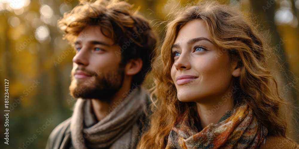 Obraz premium A young man and woman of European appearance standing together, wearing warm autumn clothes.