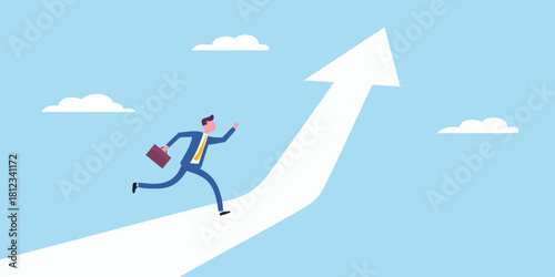 Businessman running up a white arrow towards the sky