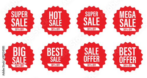 Sale banner 30% off with different sale percentage. Round price seal. Best promotion tag. Store marketing symbols. Discount emblems. Vector shopping banners design set
