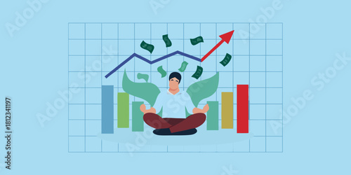 Man meditating amidst financial growth and falling money
