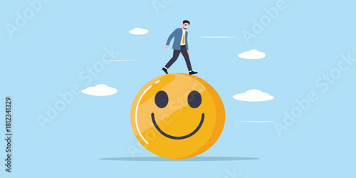 Businessman walking on a giant smiley face