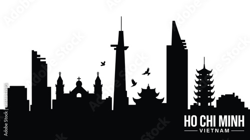 Ho chi minh city skyline silhouette with iconic buildings and pagoda