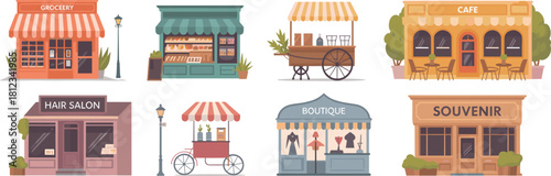 Local Business Facades and Storefronts Vector Set, Featuring Grocery, Cafe, Hair Salon, and Mobile Food Kiosks in a Colorful, Flat Cartoon Style.