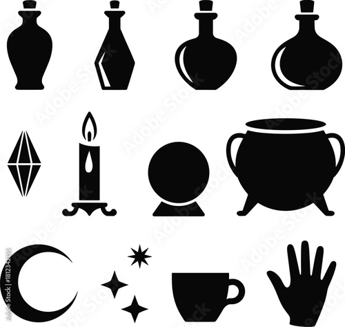 Magic and Occult Silhouettes Vector Icon Set, Featuring Potion Bottles, Cauldron, Crystal Ball, and Moon Symbols for Mystical, Witchcraft, and Fantasy Themes.