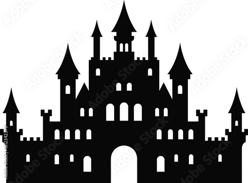 Medieval Castle Silhouette Vector Illustration, Featuring a Fantasy Fortress with Towers, Turrets, and Battlements for Fairy Tale, History, and Royalty Graphics.