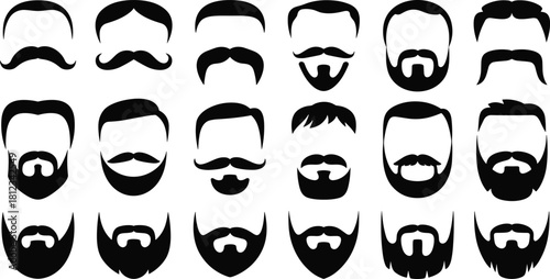 Men's Beard, Mustache, and Hairstyle Silhouettes Vector Set, Featuring Various Facial Hair Styles for Barbershops, Grooming, Avatar Design, and Profile Graphics.
