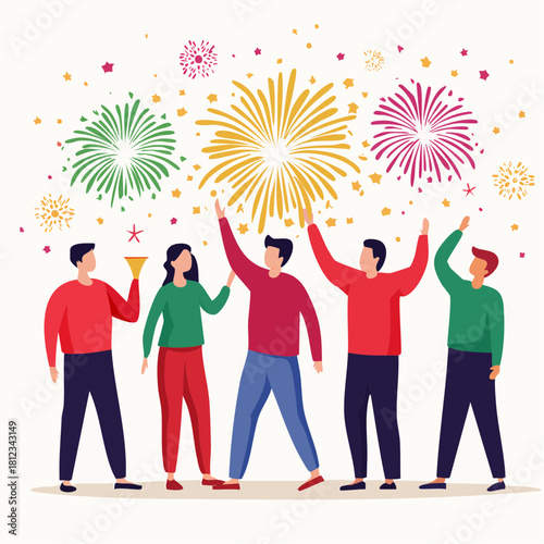 Group of friends celebrating and enjoying a vibrant fireworks display during a festive occasion