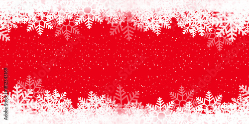 Vibrant red background adorned with delicate white snowflakes and snowy borders, creating a festive winter frame.
