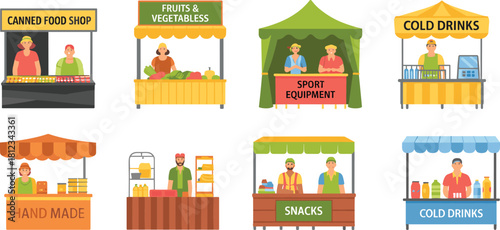 Outdoor Market Stall and Food Kiosk Vector Set with Vendors Selling Canned Goods, Produce, Snacks, Drinks, and Sports Equipment in a Fairground Collection.