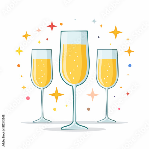 Sparkling celebration with three champagne flutes filled with golden bubbly liquid and festive star-shaped confetti