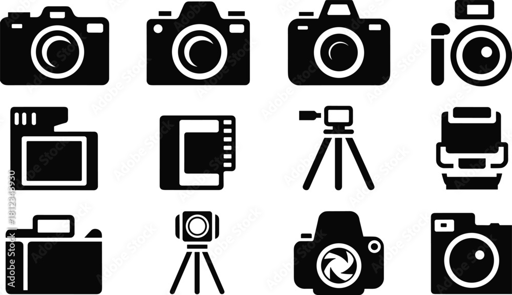 Obraz premium Photography and Video Camera Icons Vector Set, Featuring DSLR, Film, and Digital Cameras, Tripod, and Accessories Silhouettes for Media, Technology, and Art.