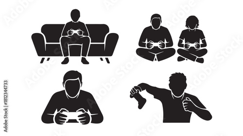 Set of gaming icons vector silhouette illustration of people playing video games isolated on white background