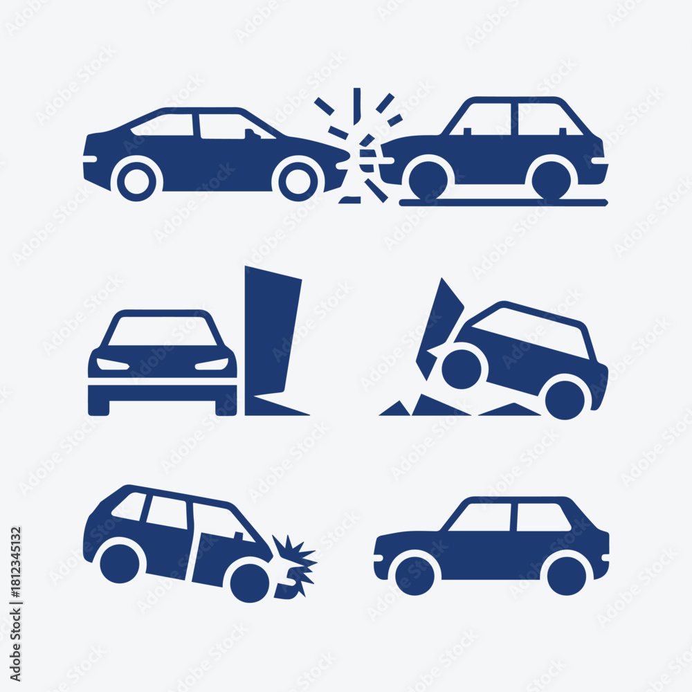 Obraz premium Car Accident and Crash Solid Vector Icon Set: Insurance, Damage, and Road Safety Symbols